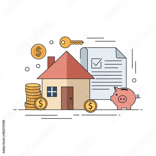 Saving money for buying a house with a piggy bank and coins.