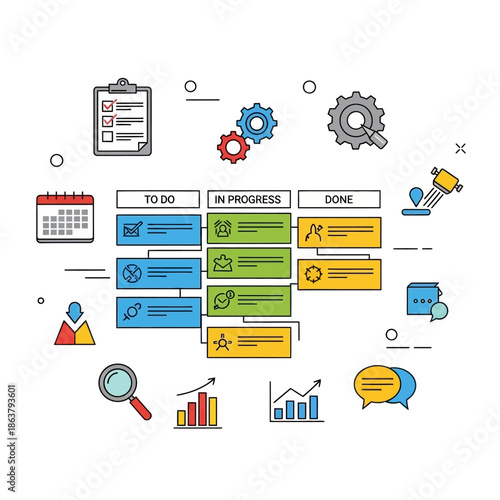 A colorful illustration of a Kanban board showing project management workflow with tasks moving through "To Do", "In Progress", and "Done" stages, surrounded by business and data icons.