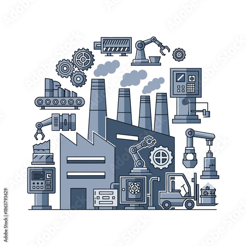 Industrial Factory with Machines and Equipment Illustration.