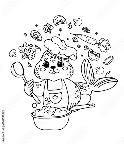 Vector illustration children's coloring book about professions. Linear sea lion chef. Seal cook