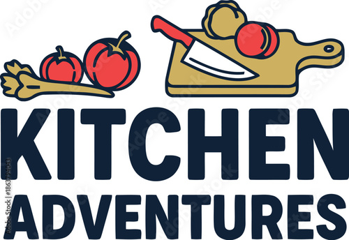 Kitchen Adventures Logo with Cutting Board, Knife, Tomatoes, and Fresh Vegetables for Culinary Branding