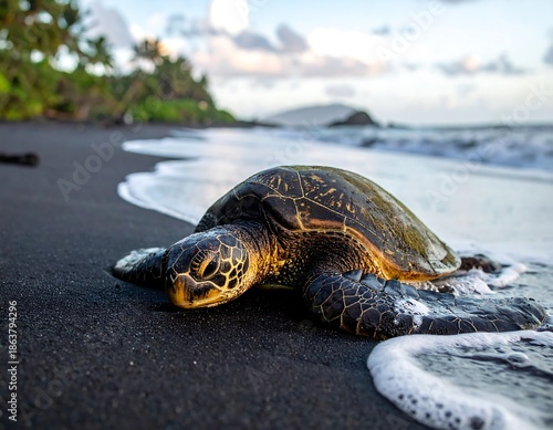 A sea turtle emerges from the ocean onto a black sand beach