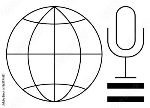 Globe with intersecting latitude and longitude lines next to a microphone and equal symbol. Ideal for global networking, podcasting, media, equality, communication, broadcasting, simplicity