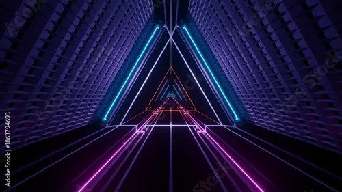 Futuristic Triangle Neon Tunnel with Glowing Purple and Orange Laser Lines in Scifi Corridor Background