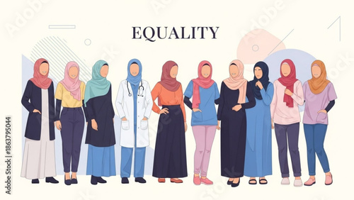 Diverse group of women in hijab representing equality and empowerment in various professions flat vector illustration for social campaigns