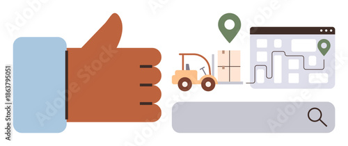 Logistics, supply chain, delivery services, route planning, e-commerce, online tracking. Thumbs-up gesture with forklift, map and search bar. Logistics and supply chain visualization concept