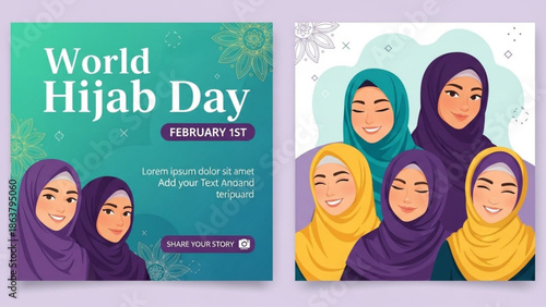 World Hijab Day illustration diverse women in colorful hijabs celebrating faith and culture social media post template