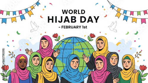 World Hijab Day illustration diverse women in colorful hijabs celebrating global unity February 1st with festive banners and doves