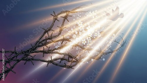 Barbed wire transforming into a dove symbolizing freedom and hope with light rays and floral elements conceptual illustration for peace and new beginni