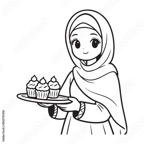 фотографія Adorable Muslim Princess Wearing Hijab Holding Tray Of Cupcakes Kids Coloring Page