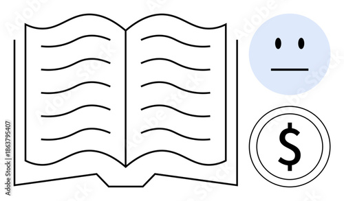 Education, finance, emotion, learning materials, budgeting, self-help. An open book, a dollar symbol and a neutral face on a white background. Education and finance key
