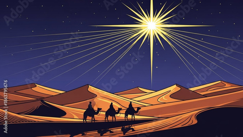 Three wise men on camels in desert at night guided by the Star of Bethlehem religious Christmas concept illustration