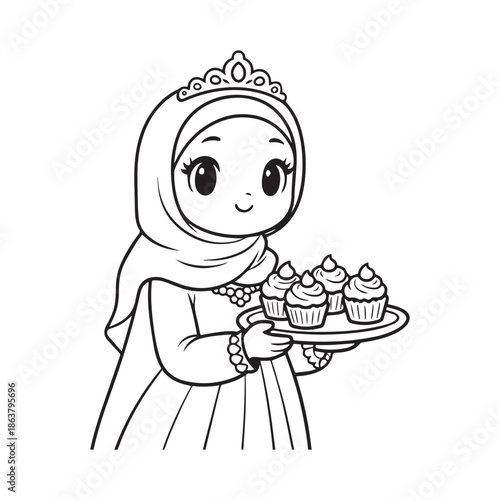 фотографія Adorable Muslim Princess Wearing Hijab Holding Tray Of Cupcakes Kids Coloring Page