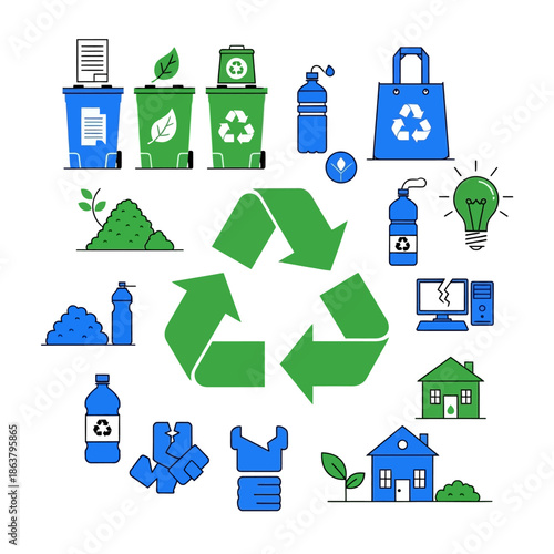 A collection of colorful icons illustrating recycling, waste management, and environmental conservation efforts, featuring bins, bottles, eco-friendly homes, and the universal recycle symbol.