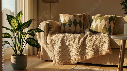 Cozy Interior With Dieffenbachia Plant And Beige Couch And Pillows In Golden Sunlight