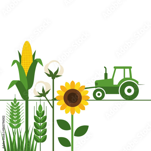 Agricultural landscape with various crops like corn, wheat, cotton, and sunflower, and a green tractor in the background, illustrating farming.