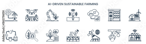 AI-driven sustainable farming and precision agriculture vector icons. Outline style set featuring smart tractor, automated irrigation, cloud data analysis, greenhouse monitoring, and renewable energy 