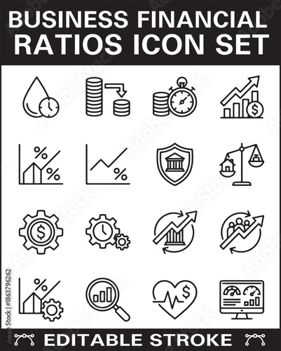 Business Financial Ratios Icon Set – Editable Stroke Line Icons for Finance, Accounting, Investment, Analysis
