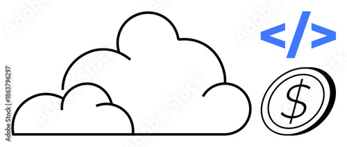 Digital transformation, cloud services, revenue generation, coding, online economy, software development. Cloud icon, coding angle brackets and dollar coin symbol. Cloud services and digital