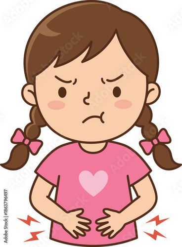 Child stomach pain illustration, cute girl holding belly, abdominal pain concept, health education, tummy ache symptom, kids illness awareness