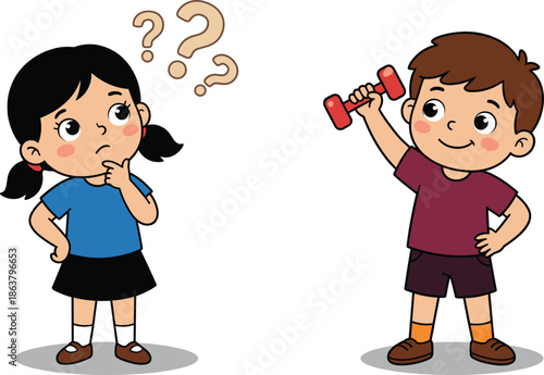 Children making healthy choices illustration, girl thinking confused, boy exercising with dumbbell, fitness decision concept, lifestyle education, kids learning habits
