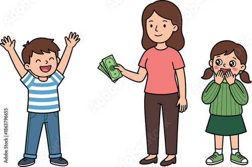 Children emotional reaction to money reward illustration, kid celebrating success, sibling jealousy concept, parenting lesson, emotions learning, family education theme