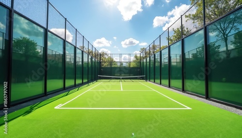 Padel court with artificial green turf surface and glass walls for game play. Outdoor sports facility for tennis and racket sport. Sunny sky brightens empty padel arena. © Viktor