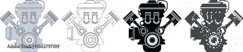 Four engine diagrams showing V6 engine variations in grey line silhouette and halftone motor