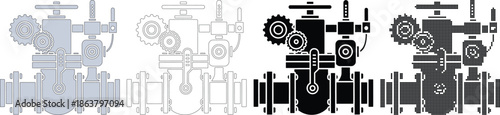 Four Industrial Valve with Gears and Pipes in Different Styles mechanical engineering