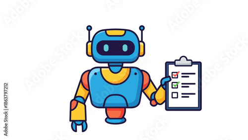 Cute cartoon blue and yellow robot character holding a clipboard with a completed checklist representing task management and successful automation or verification processes.