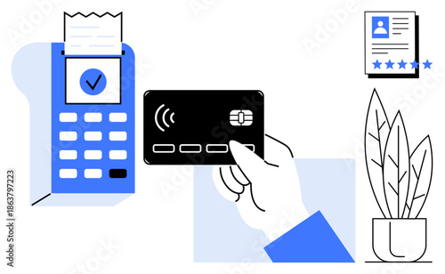 Hand holding credit card for payment at terminal, receipt printing, identity verification, and potted plant. Ideal for finance, security, e-commerce, retail, authentication fintech cashless