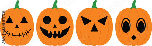 Halloween pumpkin face vector set with spooky carved jack o lantern expressions isolated on white background