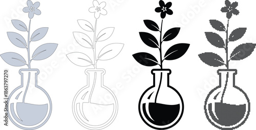 Four stylized plant in flask in grey outline black and dot patterns flower vase