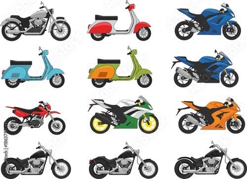 Motorcycle and scooter vector set with sport bikes classic choppers and retro mopeds isolated on white background
