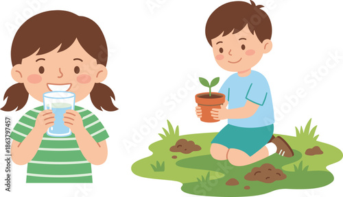 Cute children learning healthy habits drinking water and planting seedling outdoors cartoon illustration for kids education