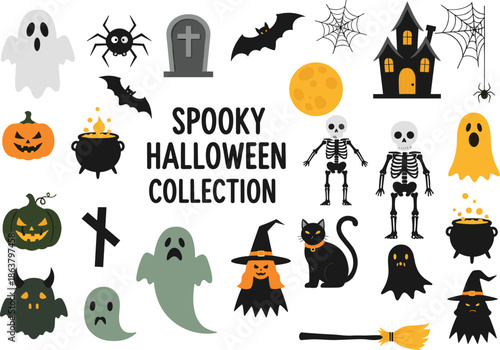 Spooky Halloween vector collection with ghosts pumpkins skeletons bats witches haunted house and scary cartoon elements