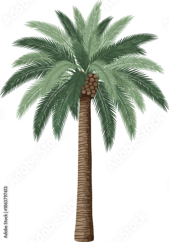 Tropical palm tree vector illustration with detailed green leaves and textured trunk isolated on white background