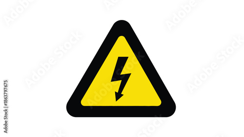 Bright yellow triangular warning sign displaying a black downward pointing lightning bolt symbolizing high voltage electrical hazard alert isolated on white background for safety concepts.
