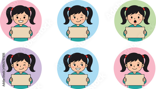 Cute girl facial expressions set illustration showing emotions holding blank sign cartoon avatars for kids education design