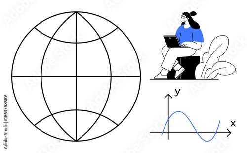 Data analytics. Graph, globe, and person working remotely highlight data analytics role in global concepts, research, and technology. Perfect for global business, education, research technology