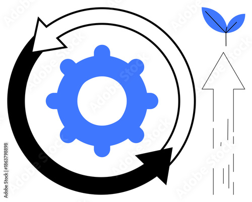 Sustainability, innovation, circular economy, development, eco-friendly solutions, growth. Circular arrows encircle a gear alongside a growing plant symbol. Sustainability and innovation in