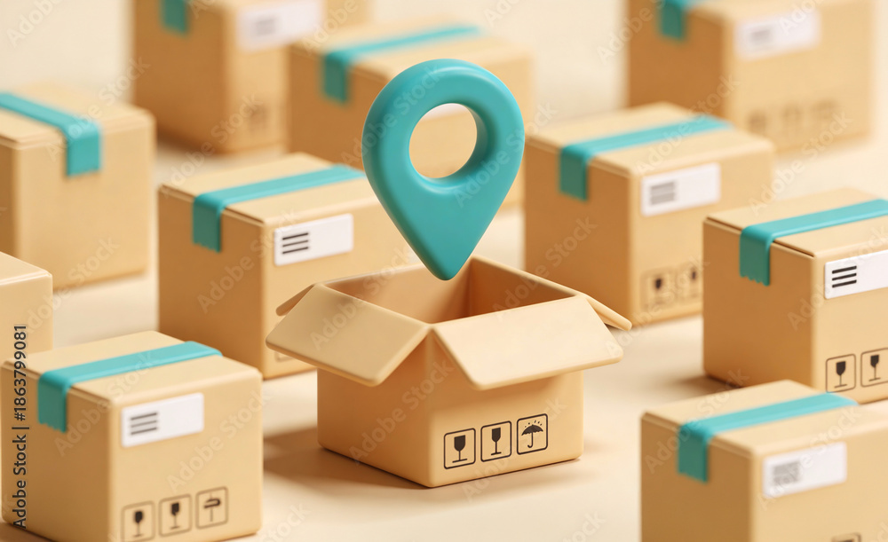 Fototapeta premium Playful 3D shipping box with a location marker emerging from it, symbolizing package tracking, delivery destinations, logistics technology, and e-commerce services.