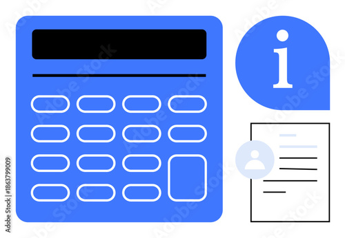 Business operations, data management, financial planning, information sharing, education, digital tools. A calculator, info symbol and document displayed. Data management and financial planning
