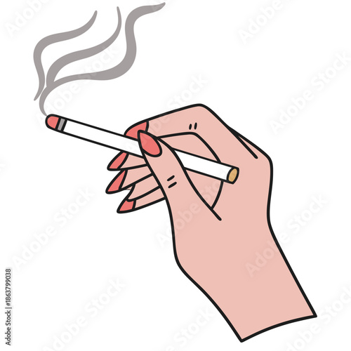 A simple cartoon illustration of a hand with long, pointed red fingernails holding a lit cigarette between the index and middle fingers, with gray smoke rising from the tip.