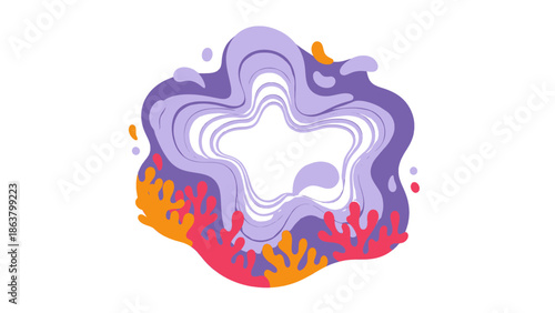 Vibrant abstract illustration of colorful shapes and swirling patterns on a white background from a direct viewpoint