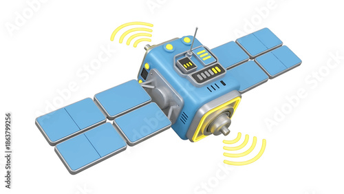 A satellite in orbit transmits data wirelessly through its solar panels and antenna.