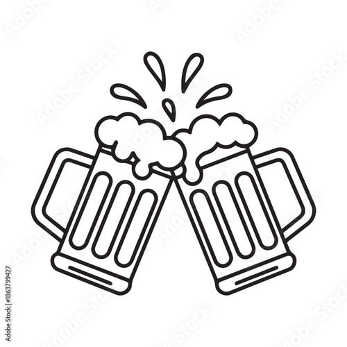 Two Foamy Beer Mugs Clinking In Toast Celebration Simple Line Art Vector Illustration.