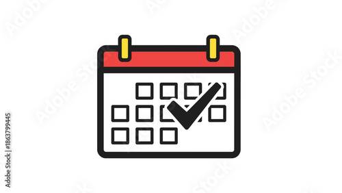 Simple graphic icon representing a calendar with a bold black check mark superimposed over several empty date boxes indicating a successful task completion or scheduling confirmation.