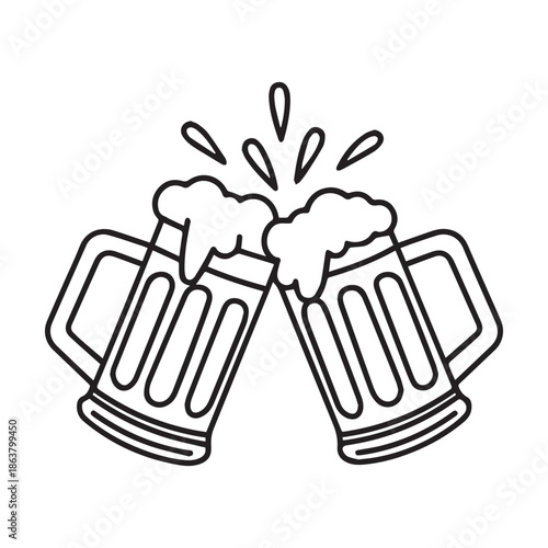 Two Foamy Beer Mugs Clinking In Toast Celebration Simple Line Art Vector Illustration.