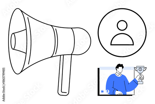 Megaphone symbol, user profile icon, and a figure holding a trophy in an interface setup. Ideal for marketing, networking, achievement, personal branding, leadership, communication and online